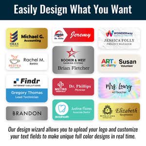 12 examples of full-color personalized name tags with and without logos