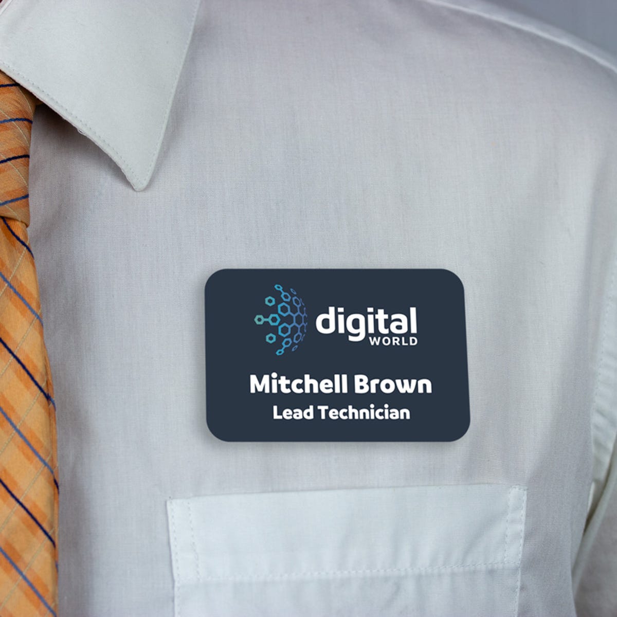 Example name tag - lead technician - worn on a dress shirt above the pocket