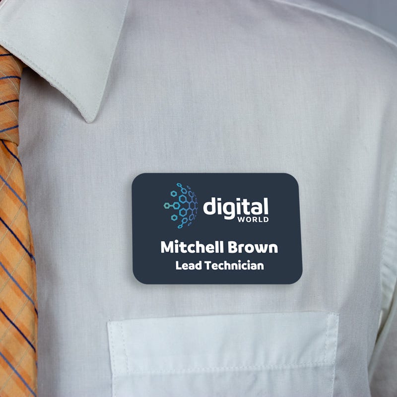 Example name tag - lead technician - worn on a dress shirt above the pocket