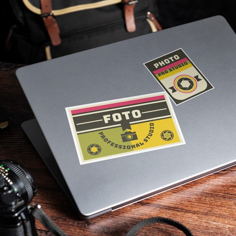A photo studio sticker on a laptop