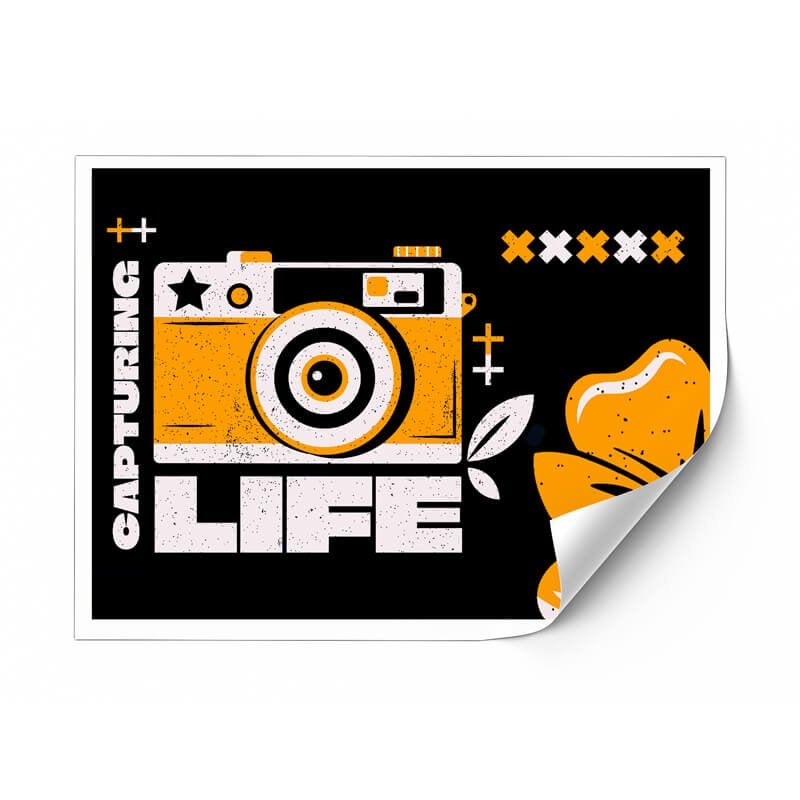 A sticker with a logo for a photo studio  with a fold to show the other side