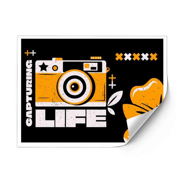 A sticker with a logo for a photo studio  with a fold to show the other side