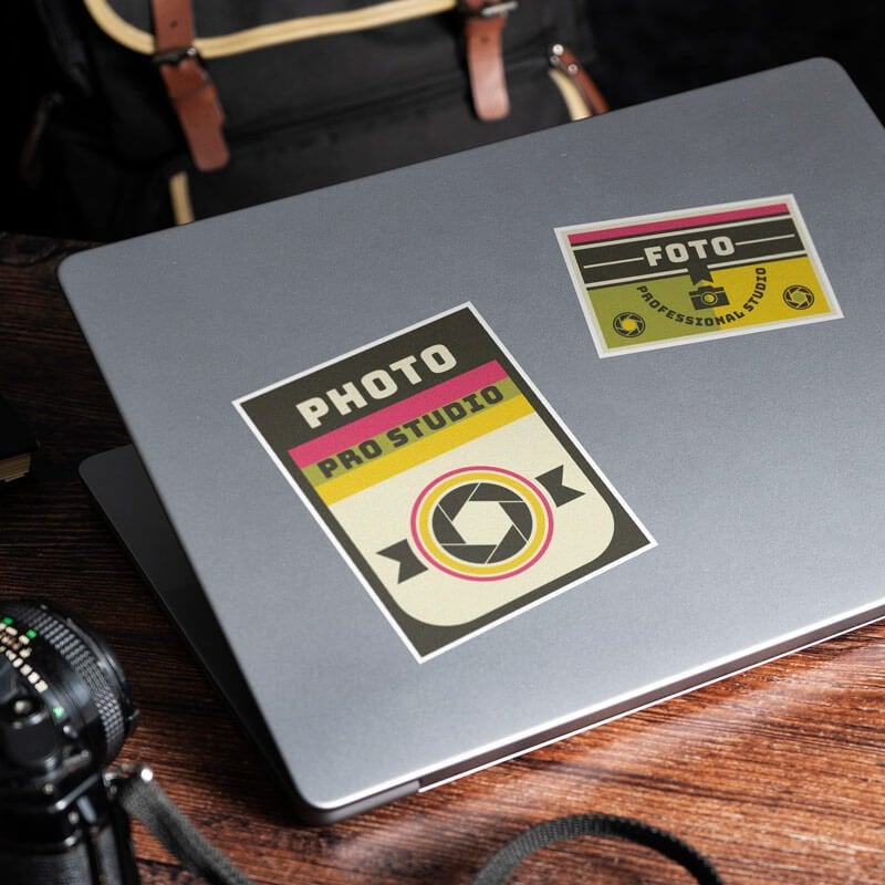 A photo studio sticker on a laptop