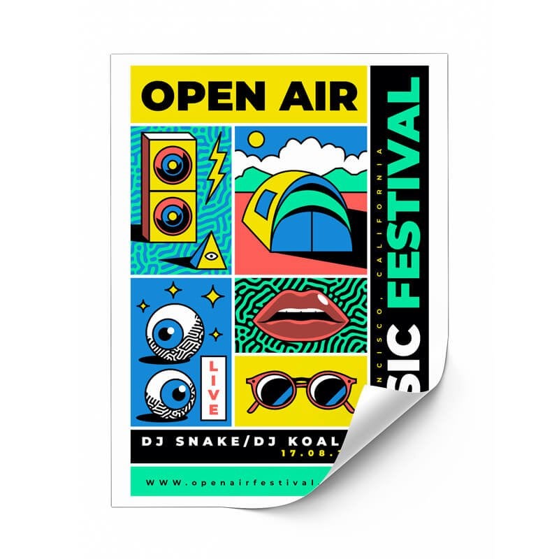 A vertical sticker for a festival with a slight fold