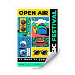 A vertical sticker for a festival with a slight fold