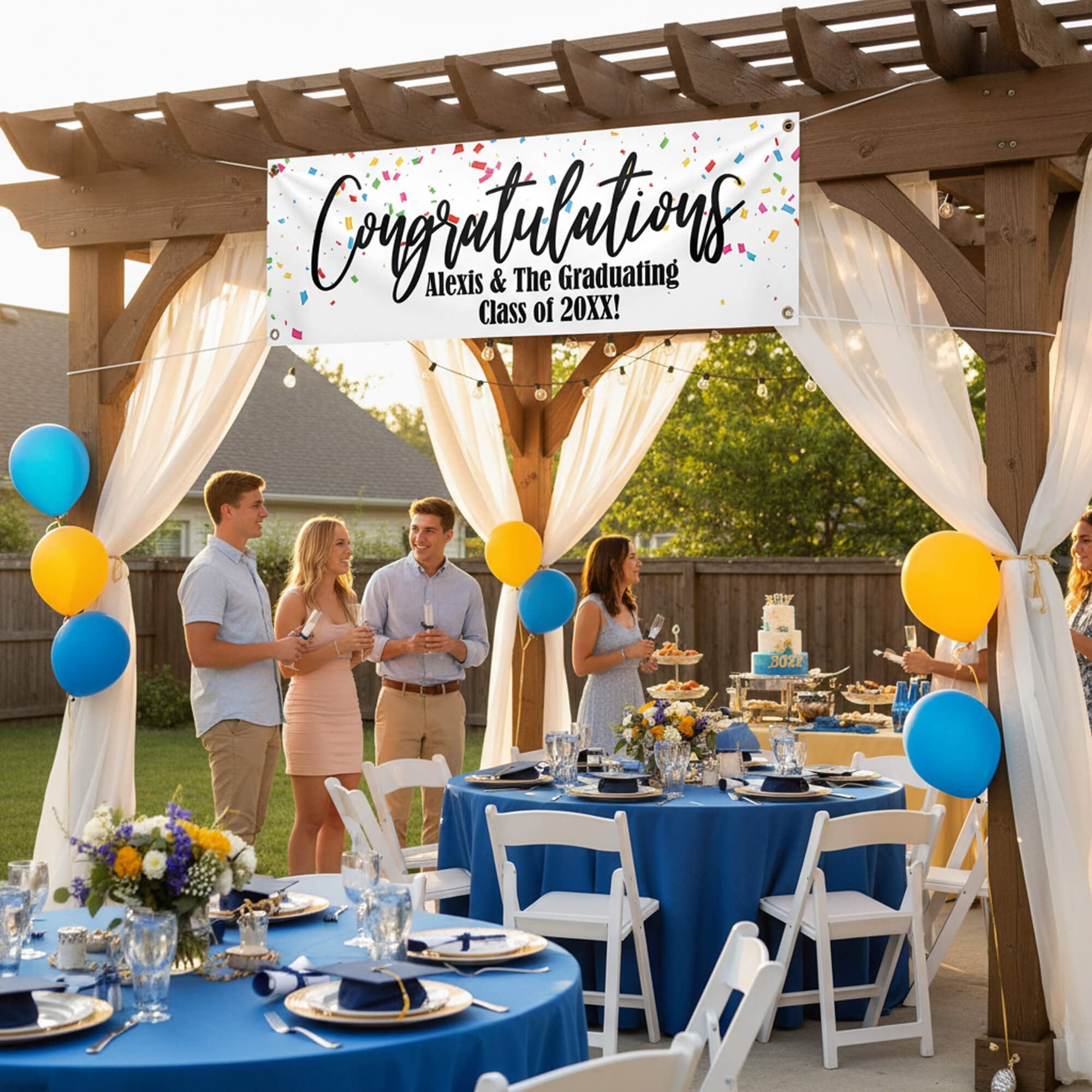 Personalized Confetti Graduation Banner Hanging Up on a Pergola