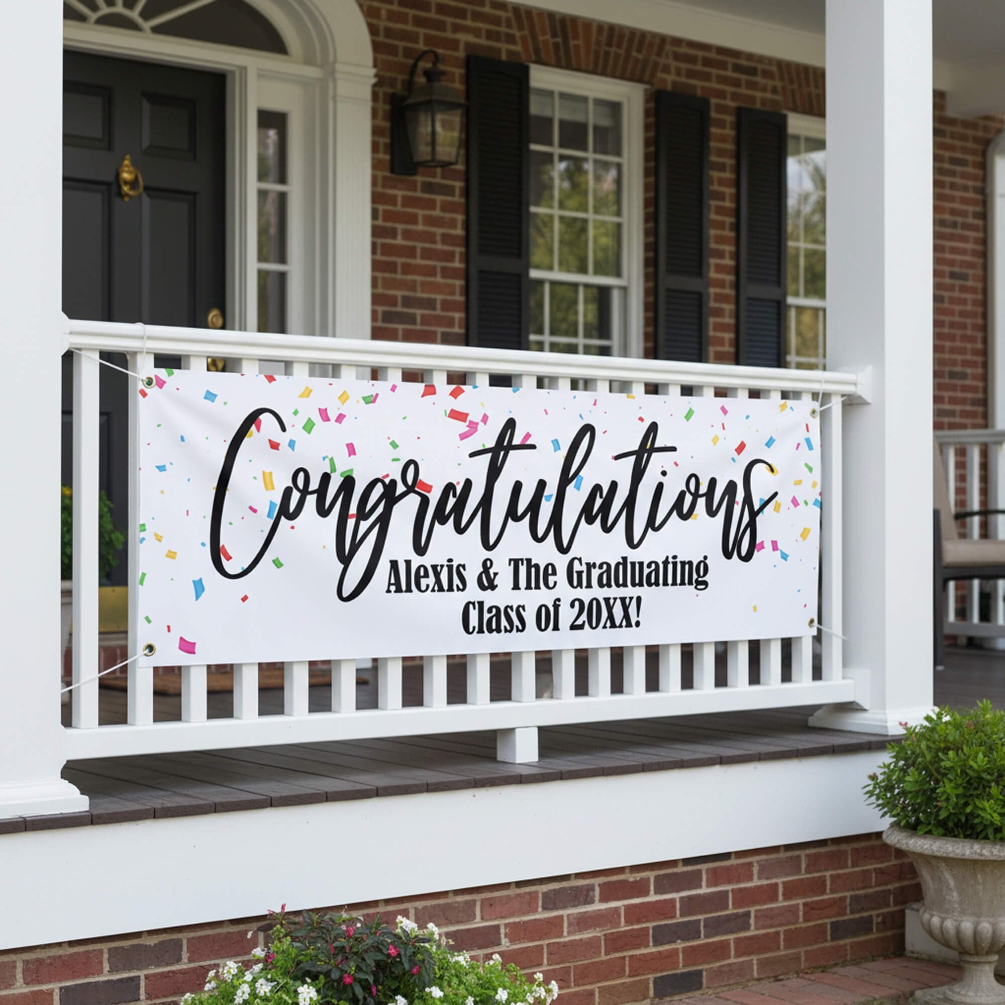 Personalized Confetti Graduation Banner Hanging Up on a Porch Railing