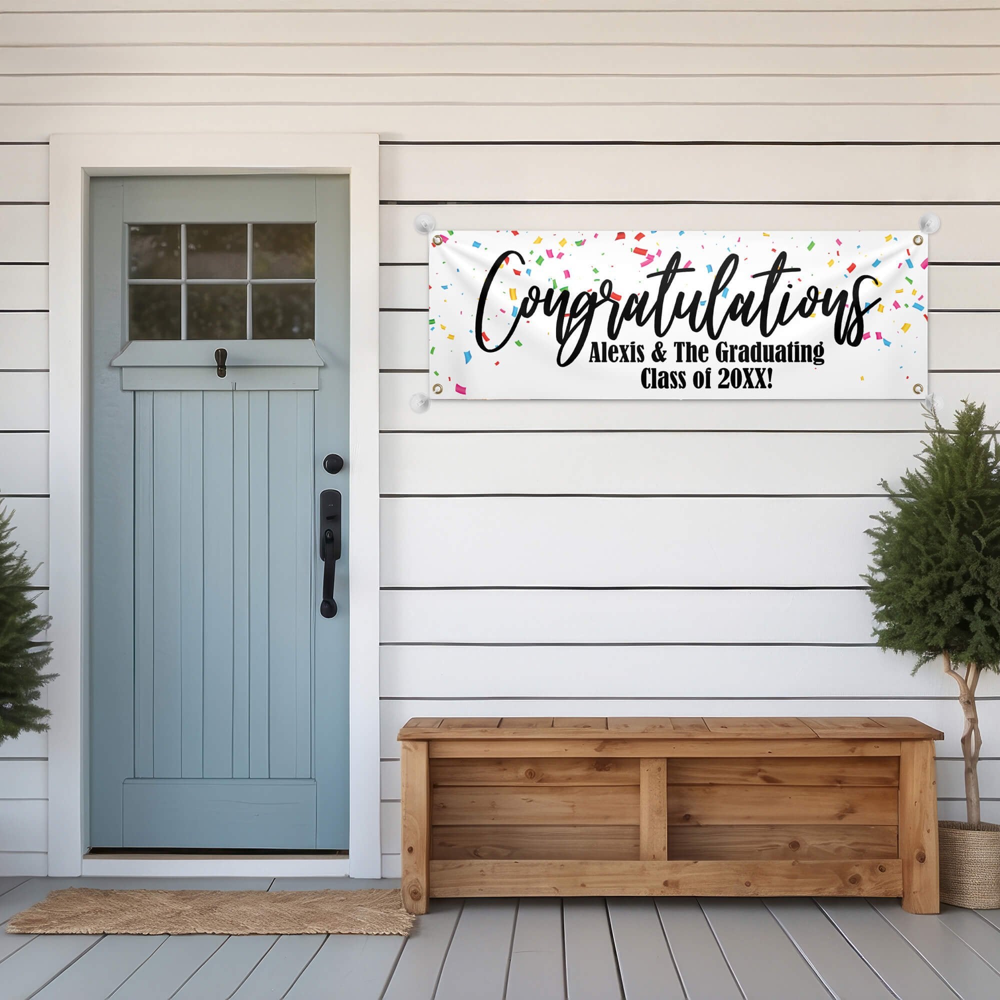 Personalized Confetti Graduation Banner Hanging Up on a House
