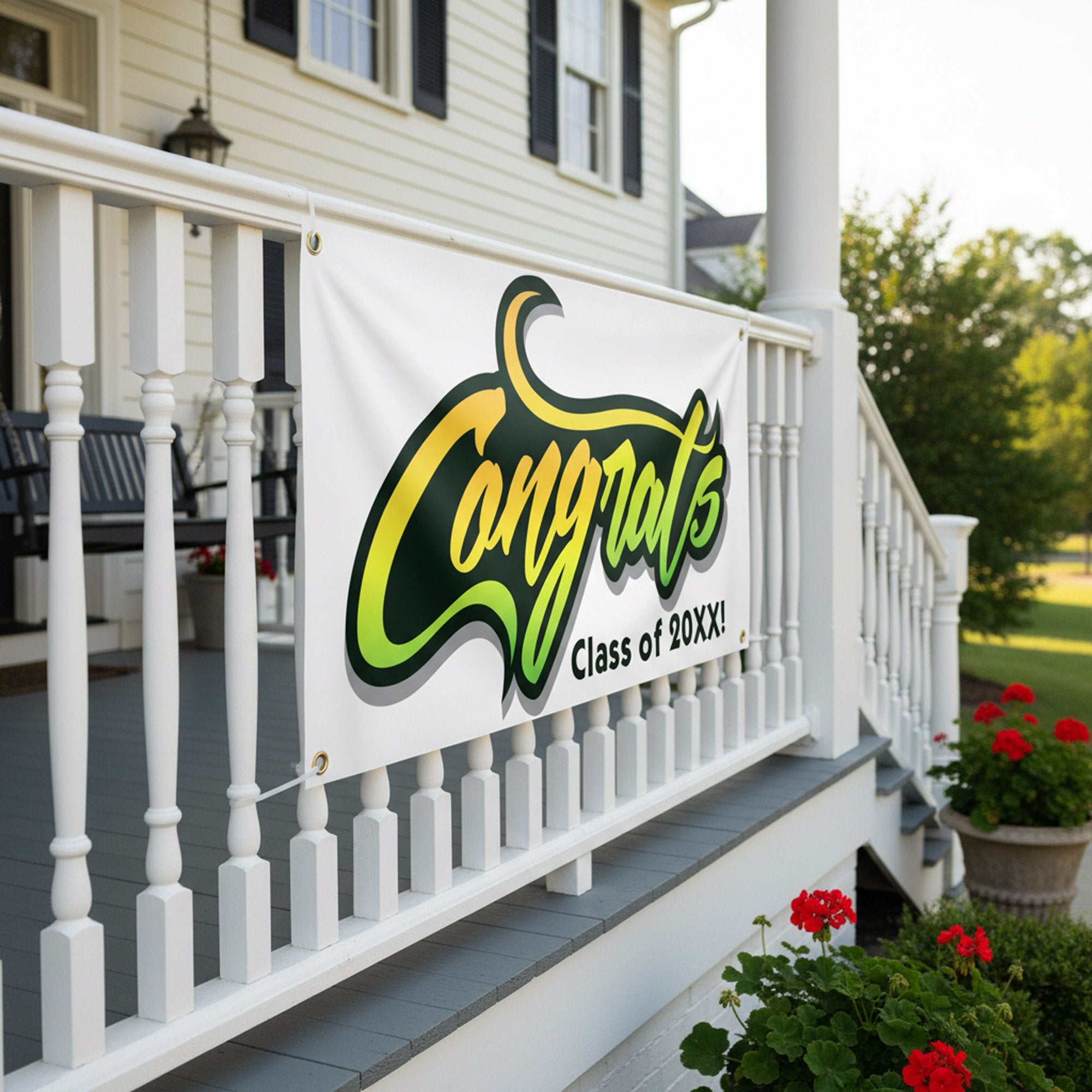 Congrats Graduation Banner hanging from porch railing