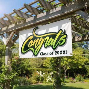 Congrats Graduation Banner hanging from pergola