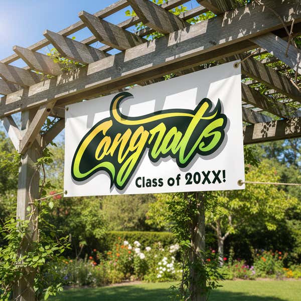 Congrats Graduation Banner hanging from pergola
