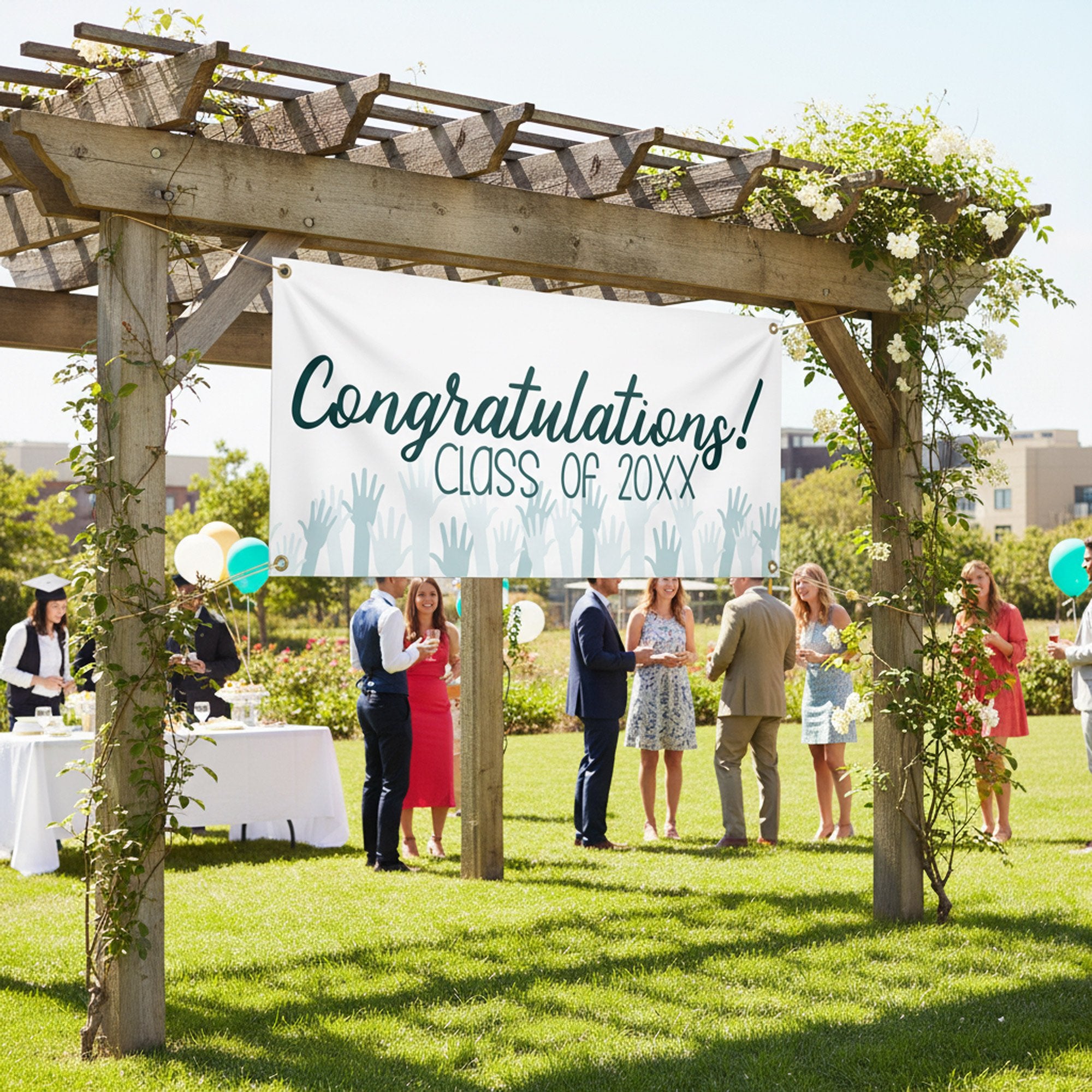 Congratulations Cheers Graduation Banner hanging on a pergola at a party