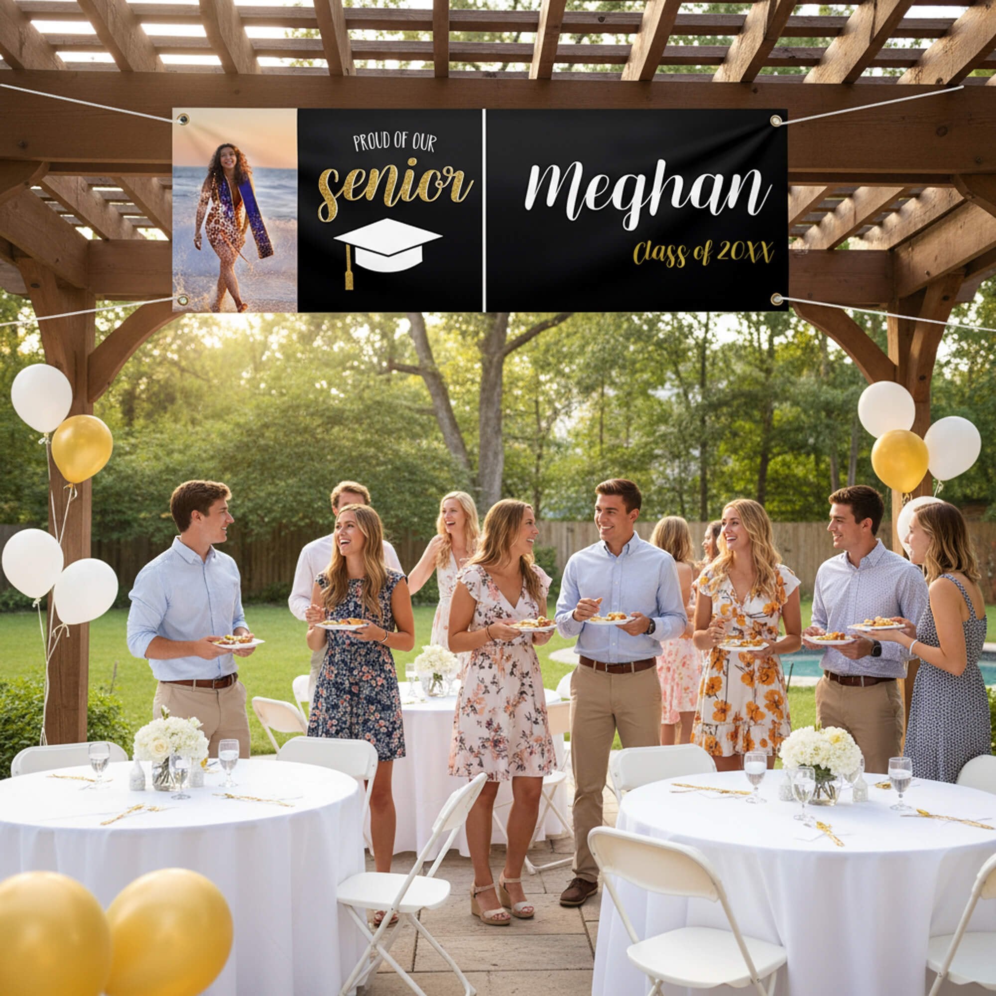Proud of Our Senior Custom Graduation Banner Hanging from a Pergola