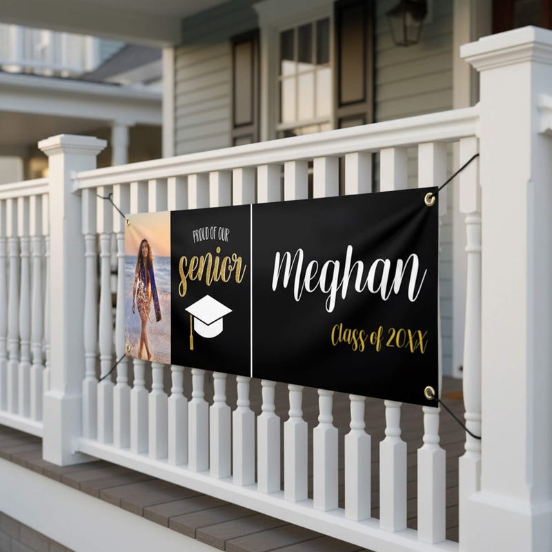 Proud of Our Senior Custom Graduation Banner On a porch railing