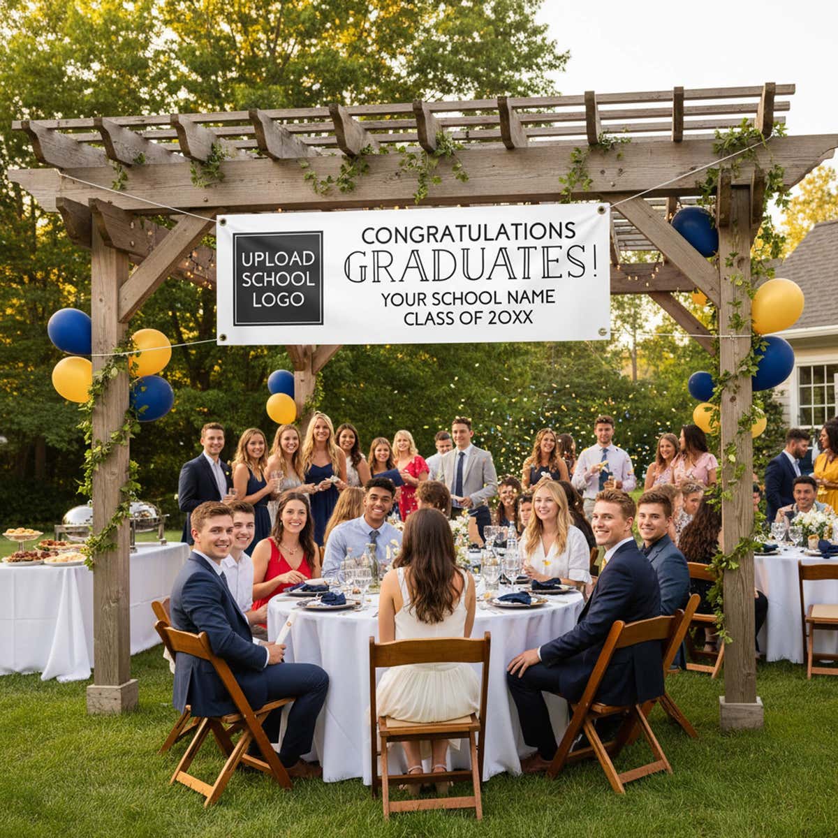 School Logo Custom Graduation Banner Hanging Up from a Pergola