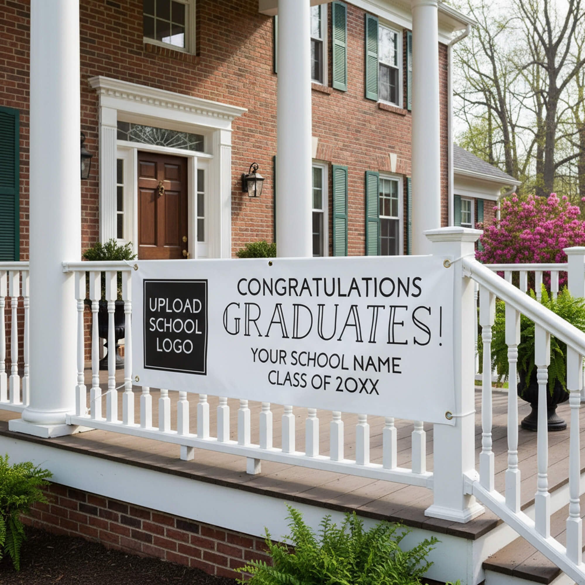 School Logo Custom Graduation Banner Hanging Up on a porch Railing