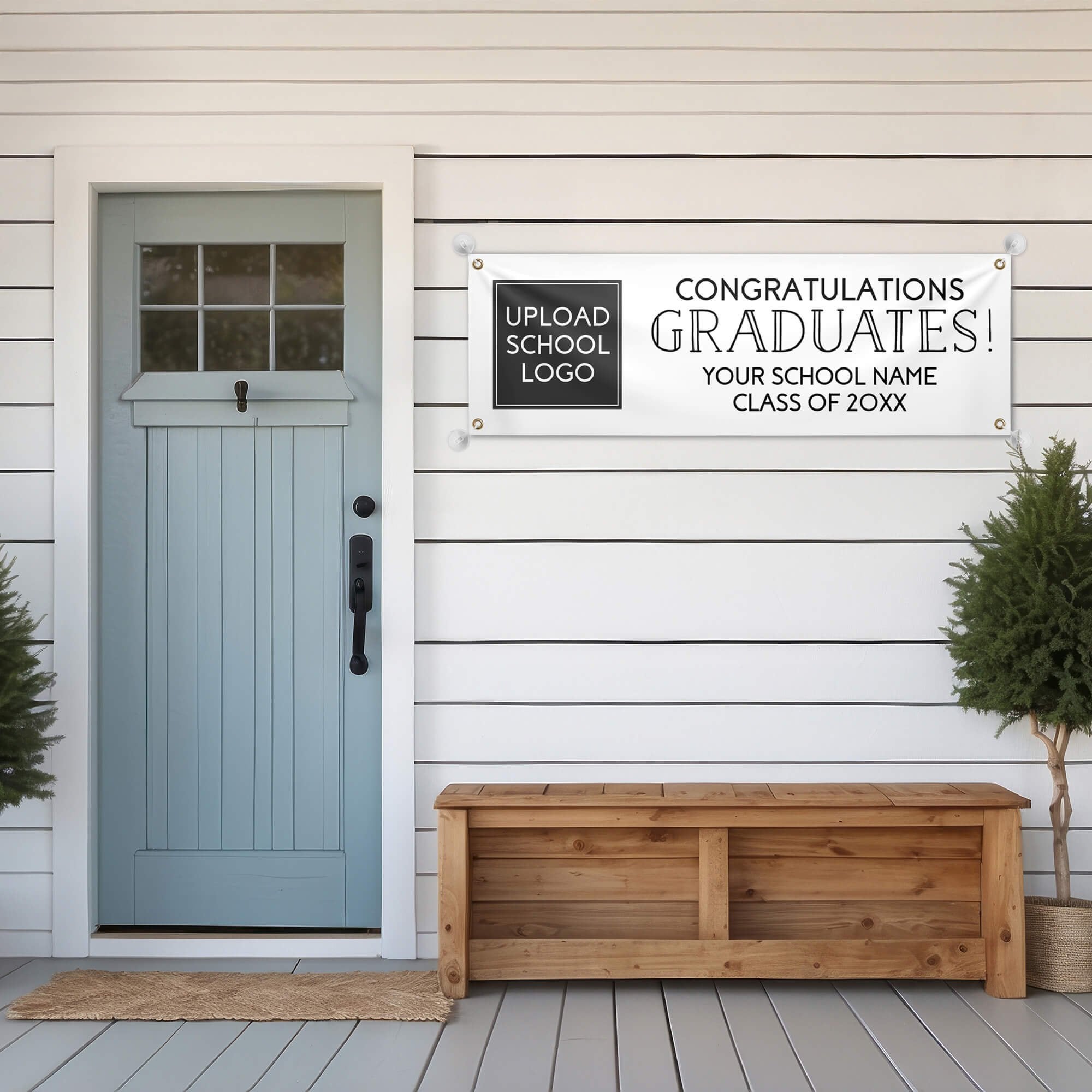 School Logo Custom Graduation Banner Hanging Up on a House