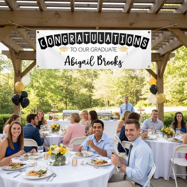  Congrats to Our Graduate Graduation Banner hanging from a pergola at a party