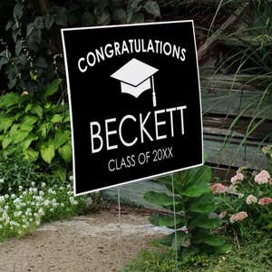 Congratulations Grad Cap Graduation Yard Sign by the Stairs