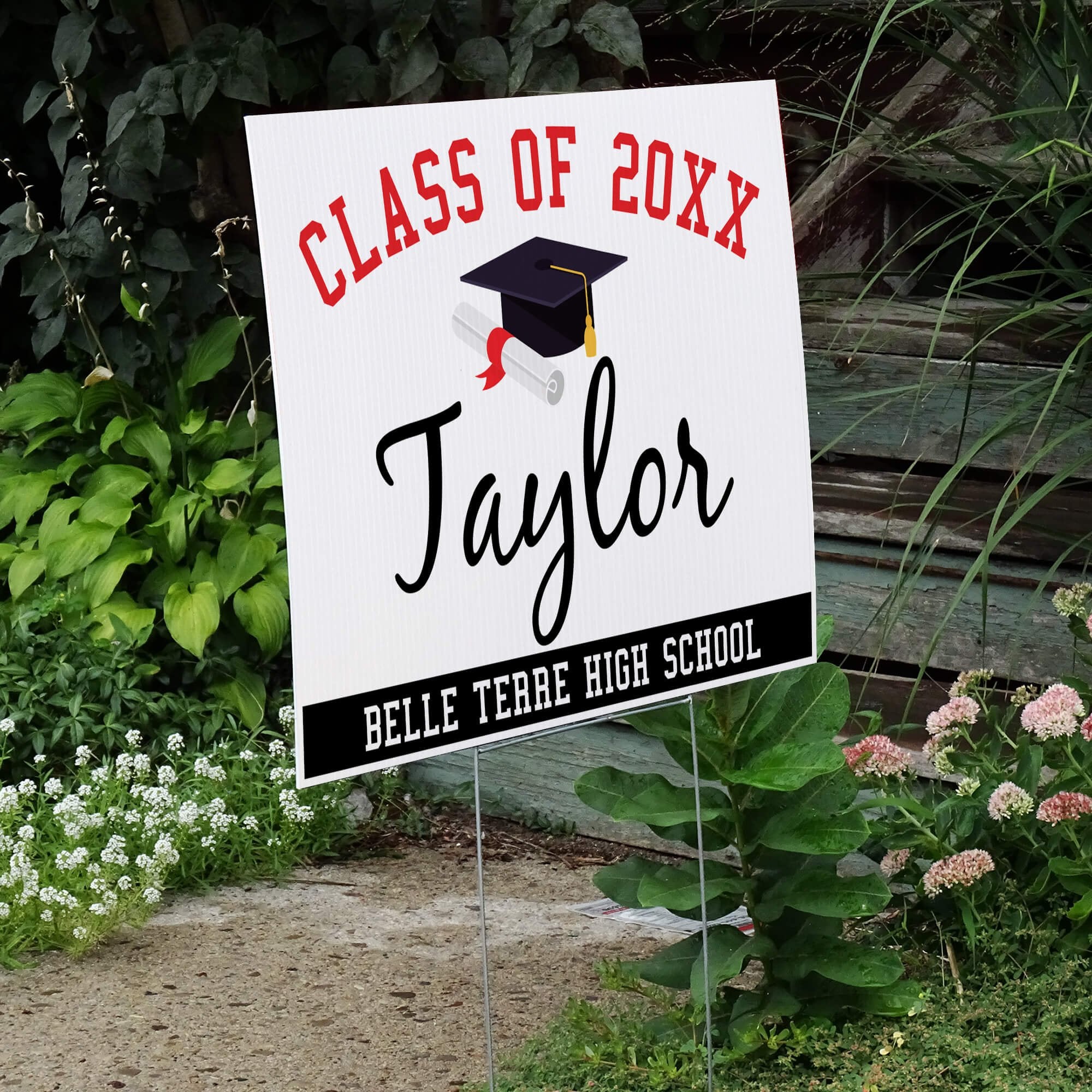 Class Diploma Graduation Yard Sign Next to Stairs
