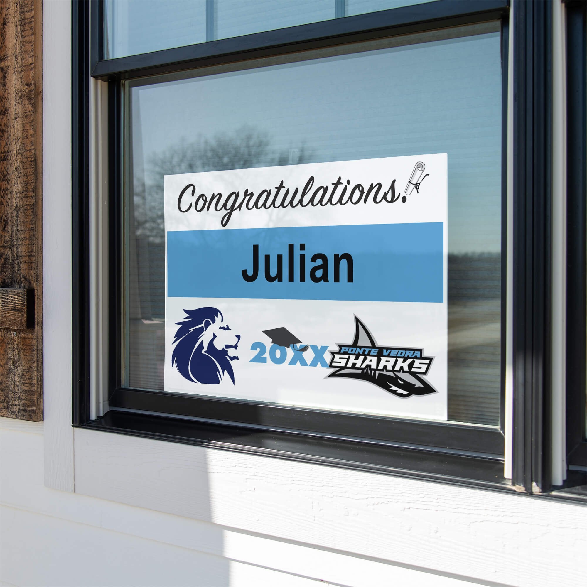 Double Logo Graduation Yard Sign in a Window