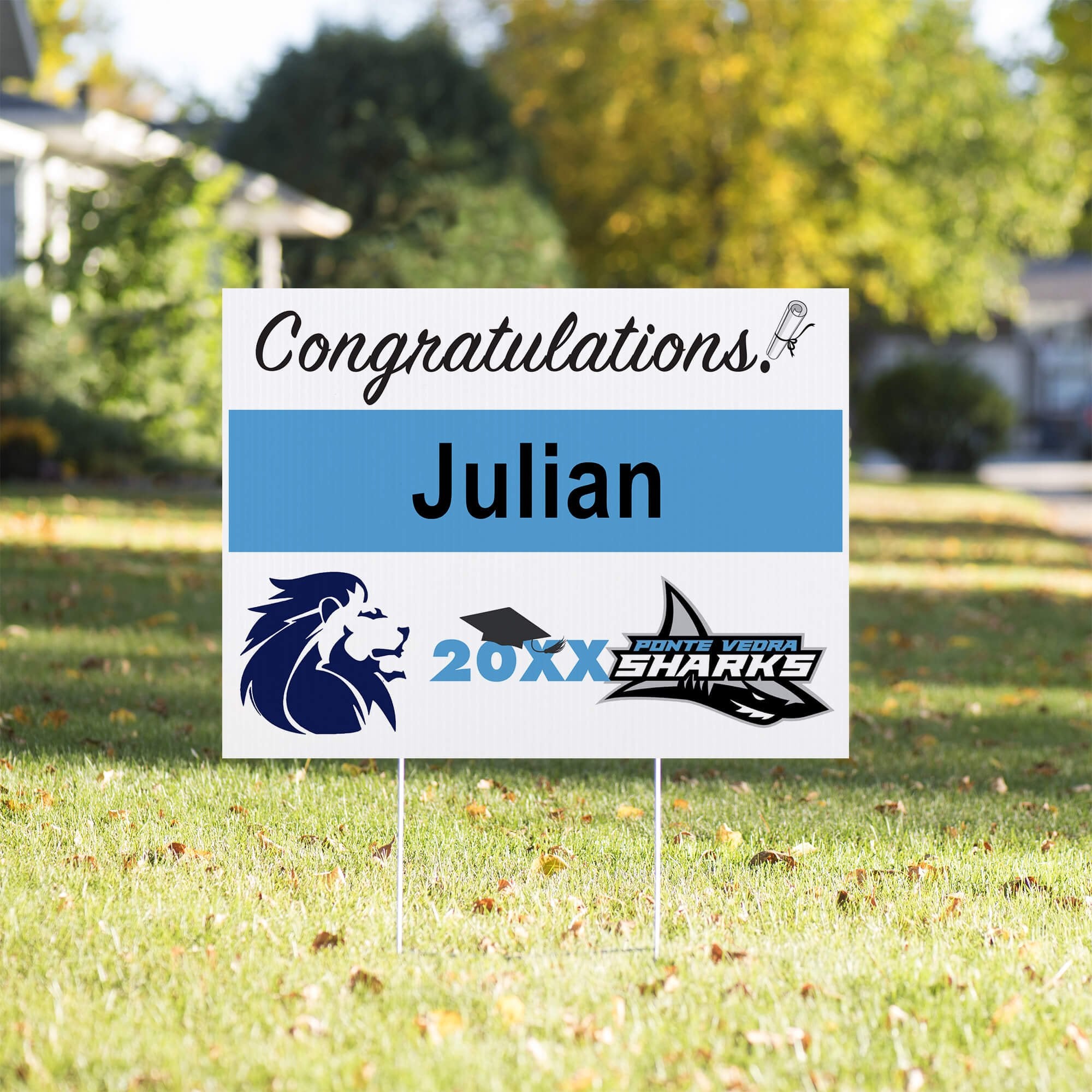 Double Logo Graduation Yard Sign in a Sunny Yard
