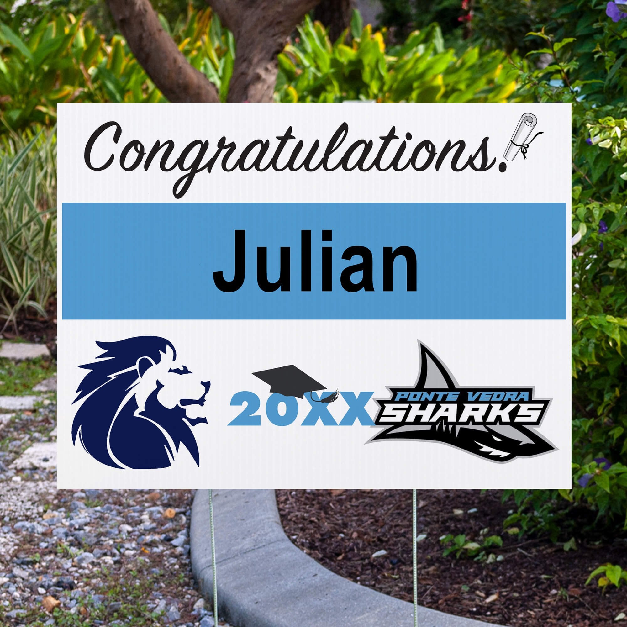 Double Logo Graduation Yard Sign Next to Pavement