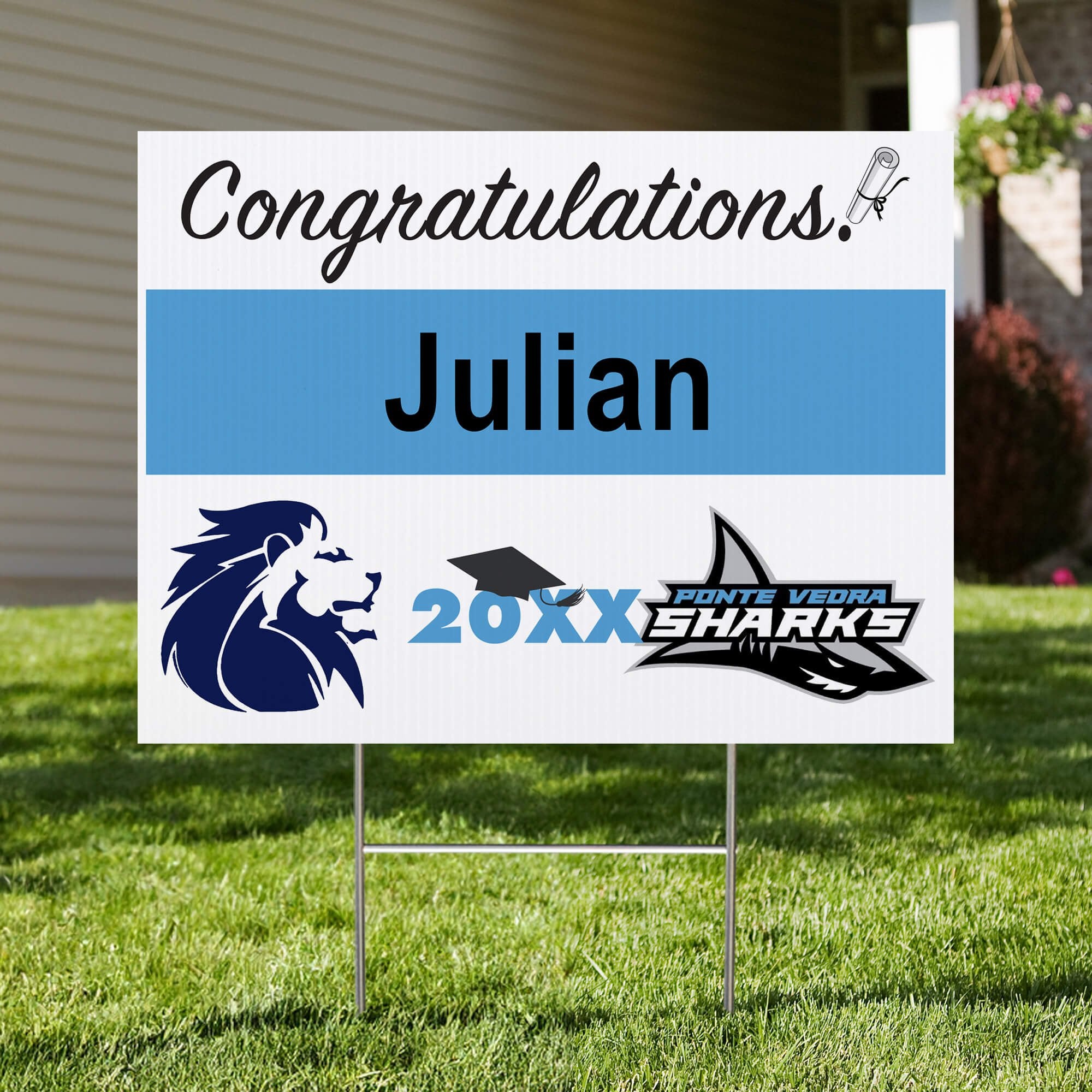 Double Logo Graduation Yard Sign in a front Yard