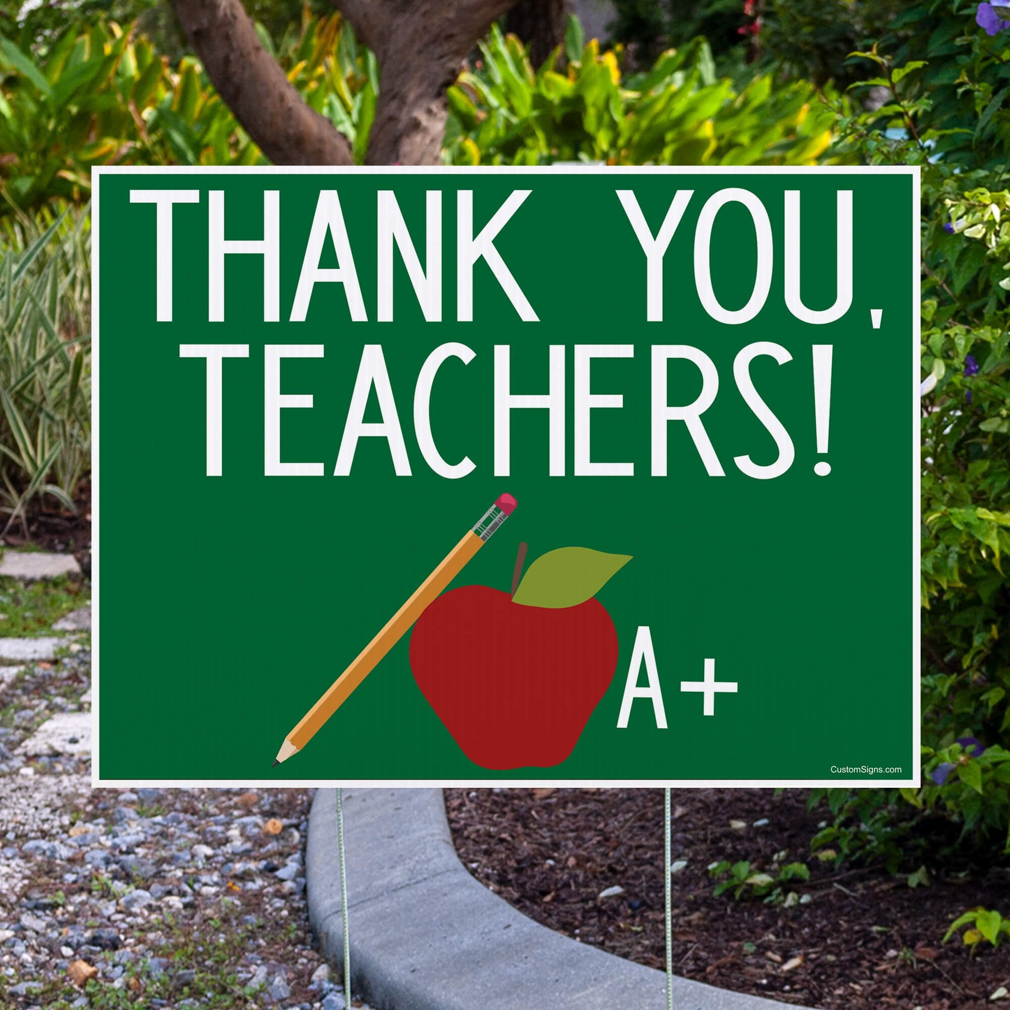 Thank You Teachers Appreciation displayed next to a garden path