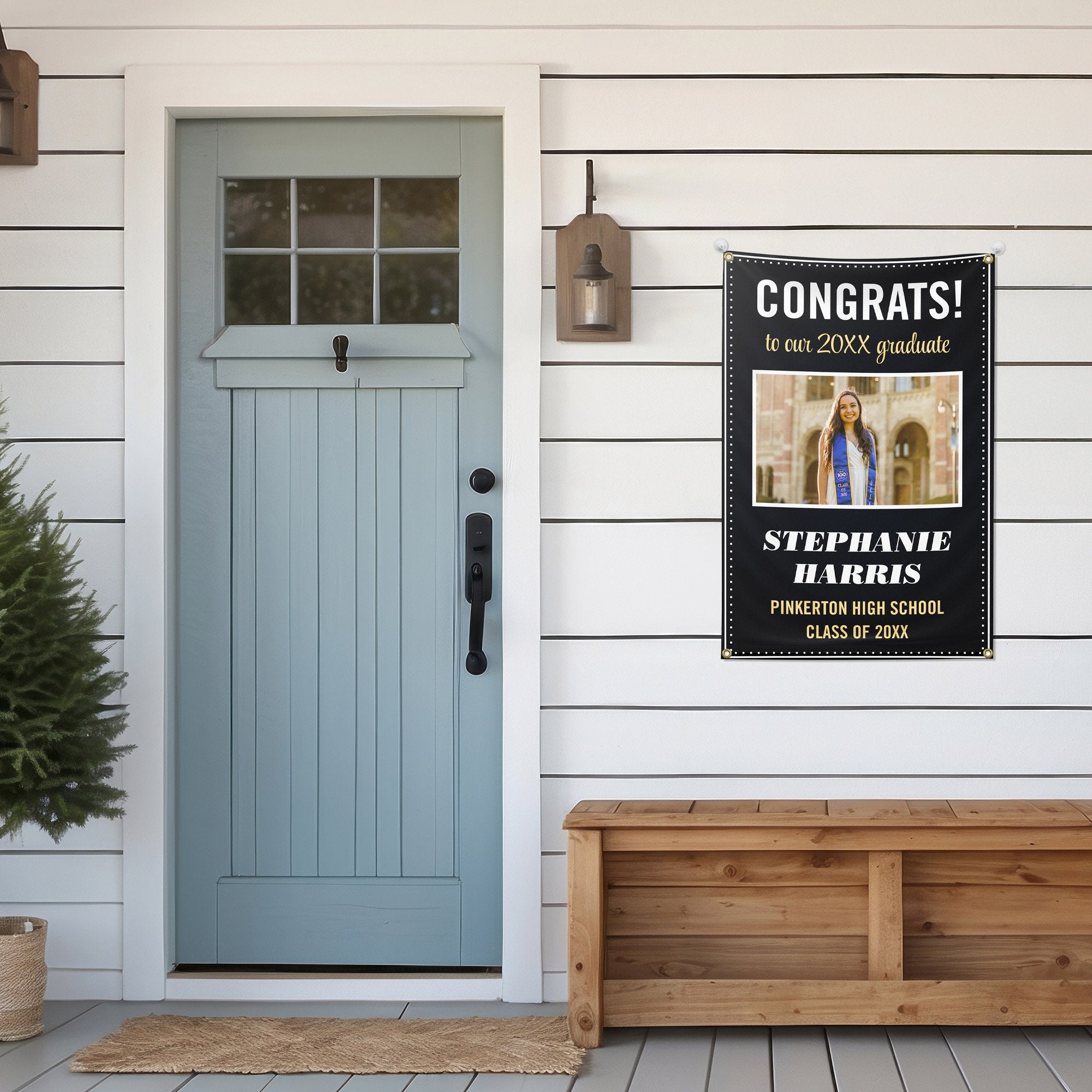Graduation Elegant 2' x 3' Vertical Banner hanging on a house