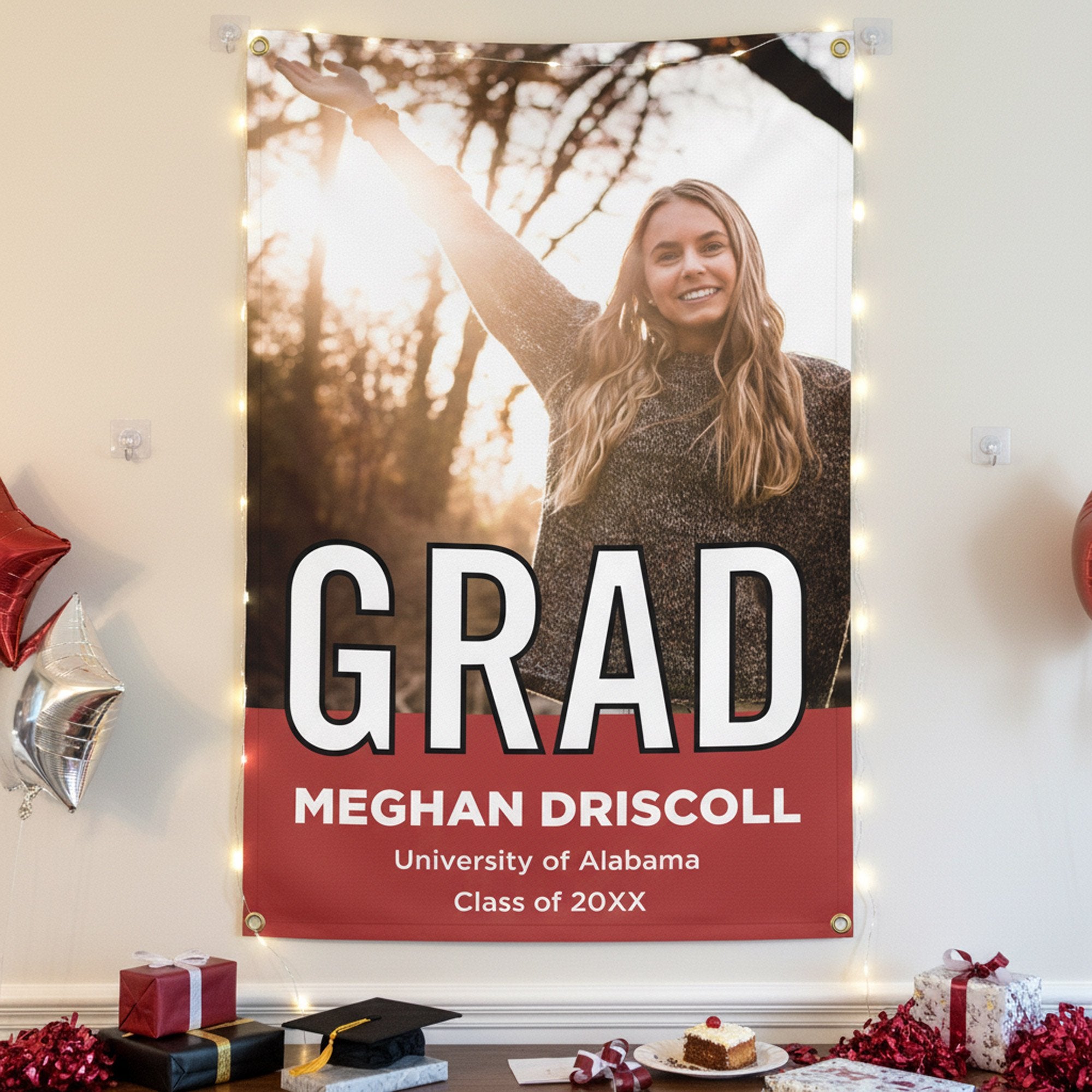 Block Lettering Vertical Graduation Banner on wall at a party