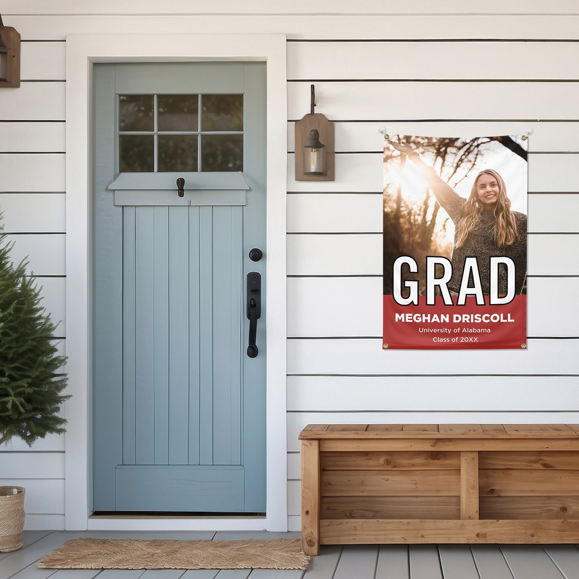 Block Lettering Vertical Graduation Banner hanging by a front door