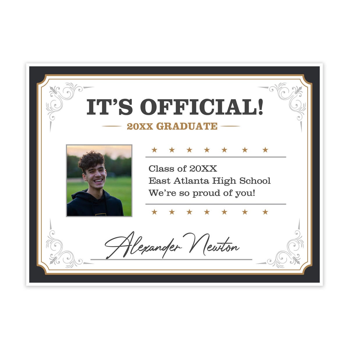 Custom graduation yard sign designed like a diploma with a custom photo