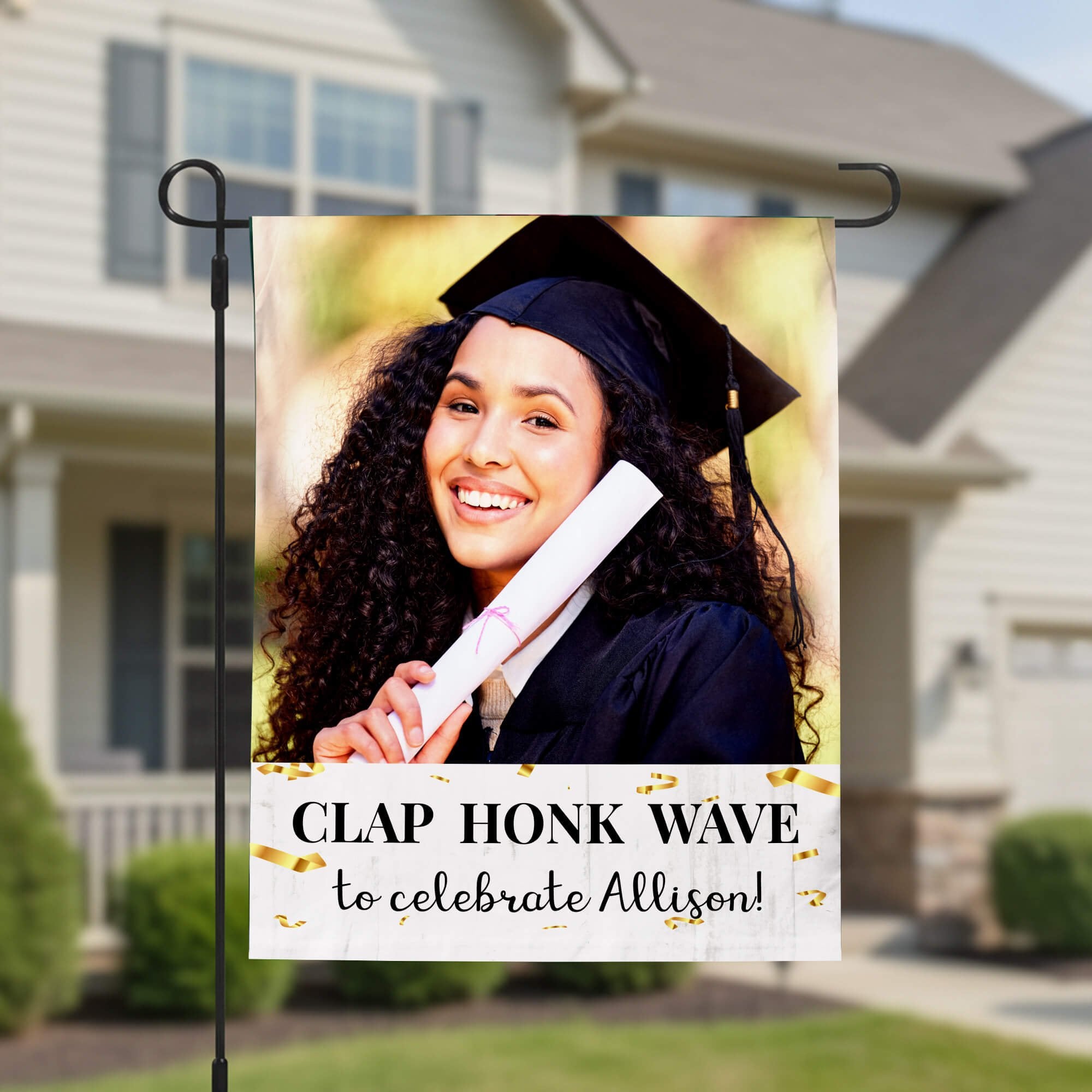 Graduation Clap Honk Wave Garden Flag in front of a house