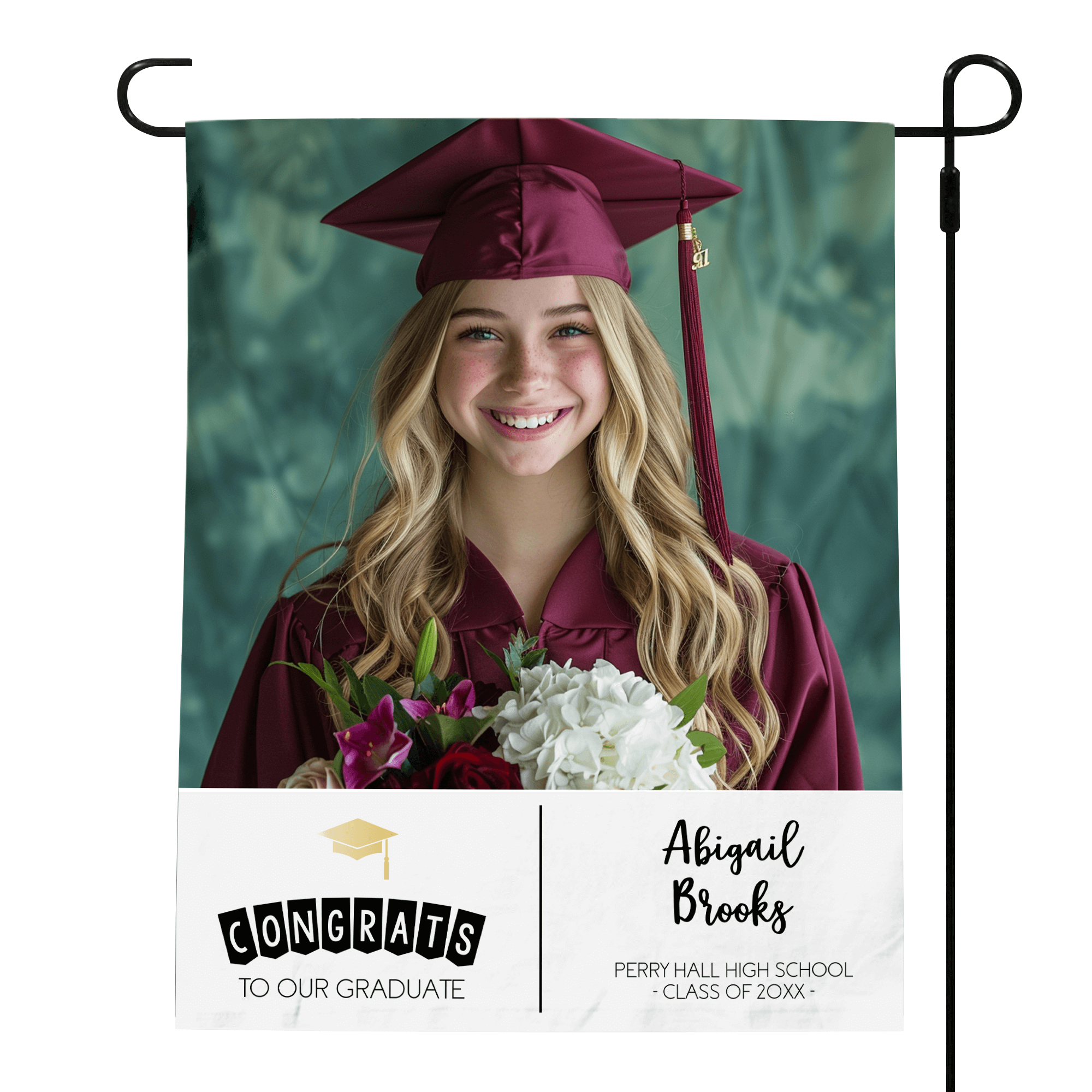 Graduation Gold Cap Garden Flag pole on right