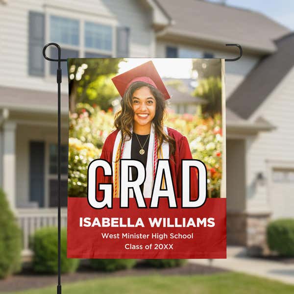 Graduation Block Lettering Garden Flag in front of house
