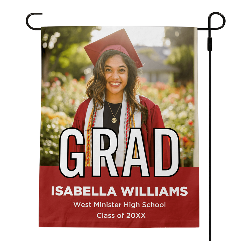 Graduation Block Lettering Garden Flag pole on right