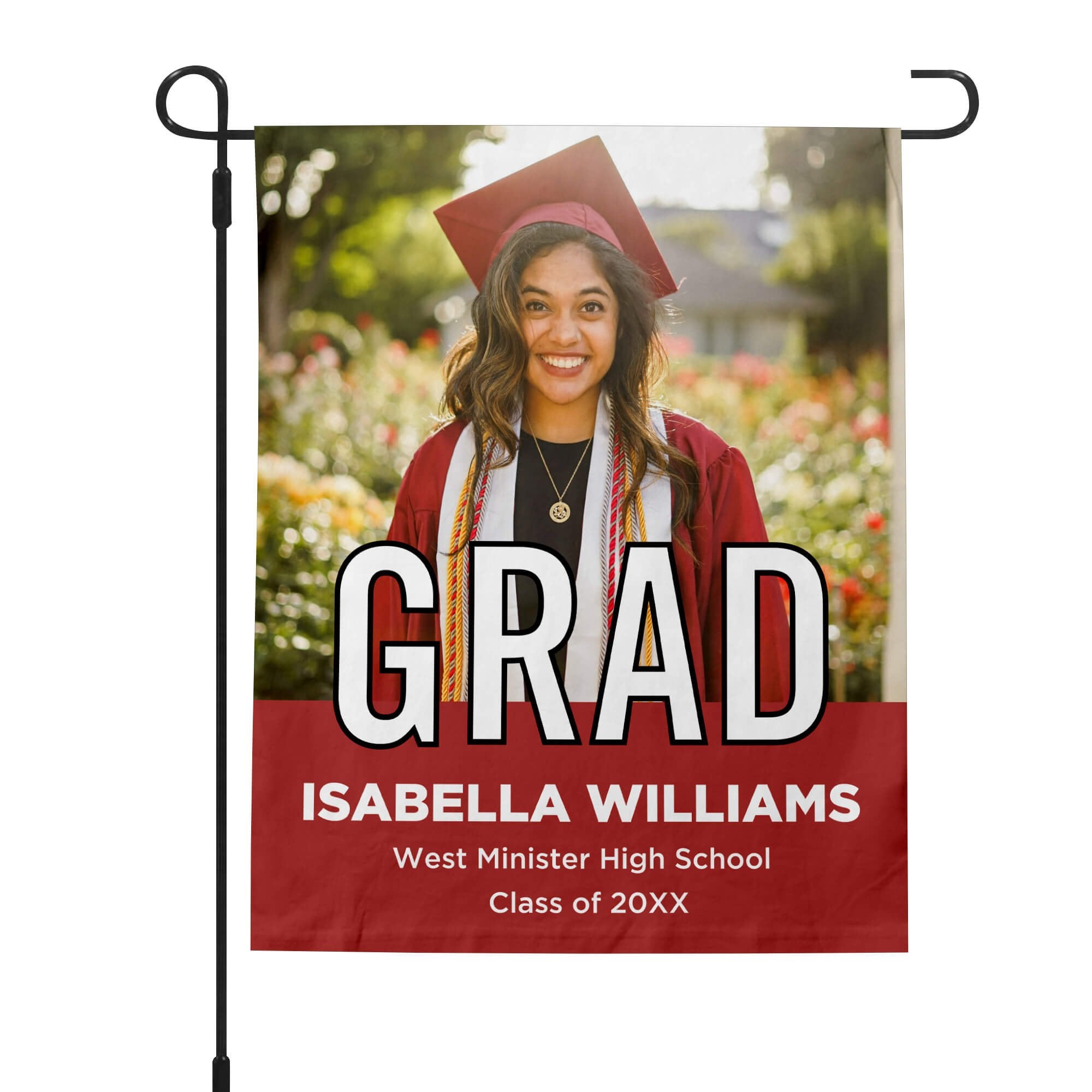 Graduation Block Lettering Garden Flag pole on left