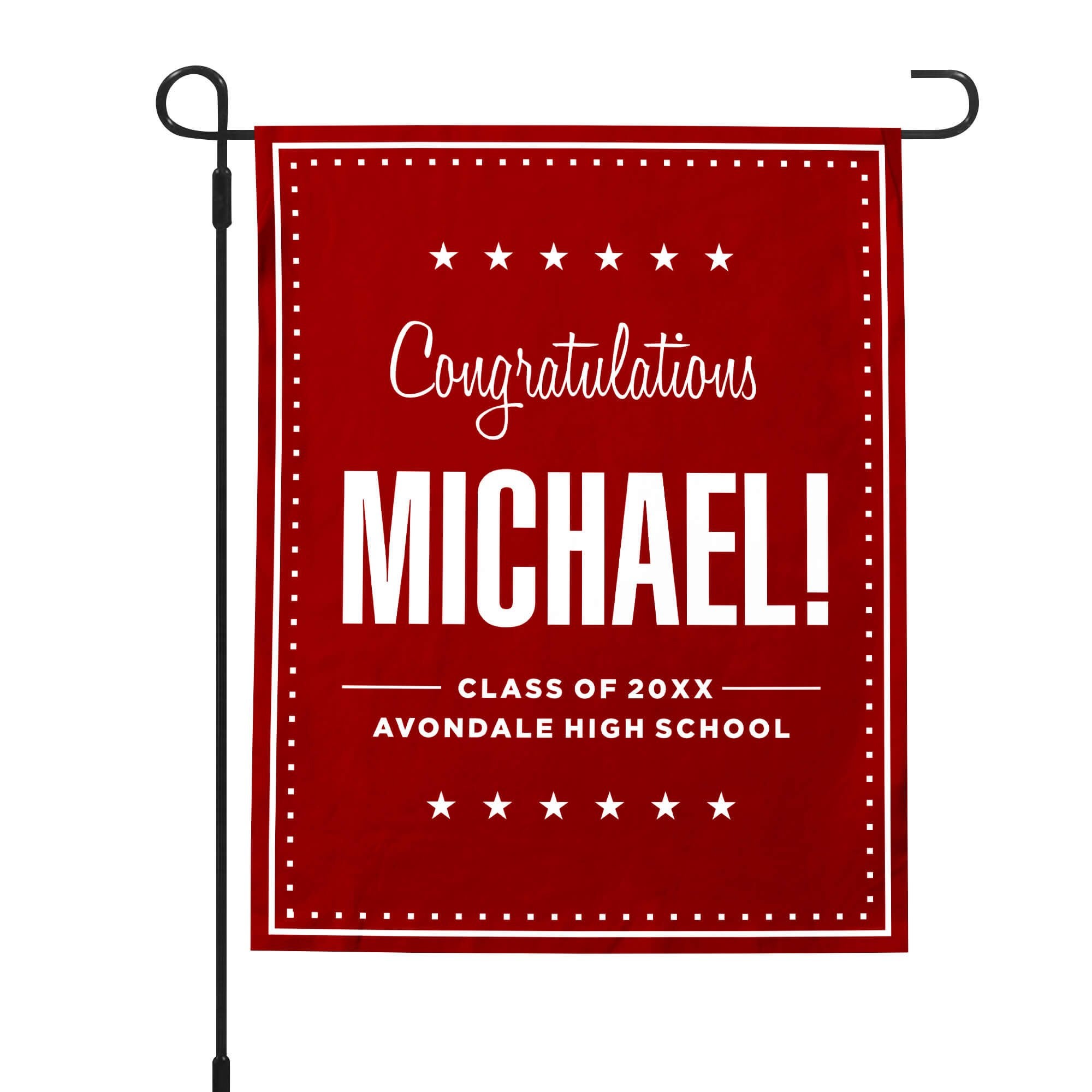 Graduation Bold Name Garden Flag pole on left
