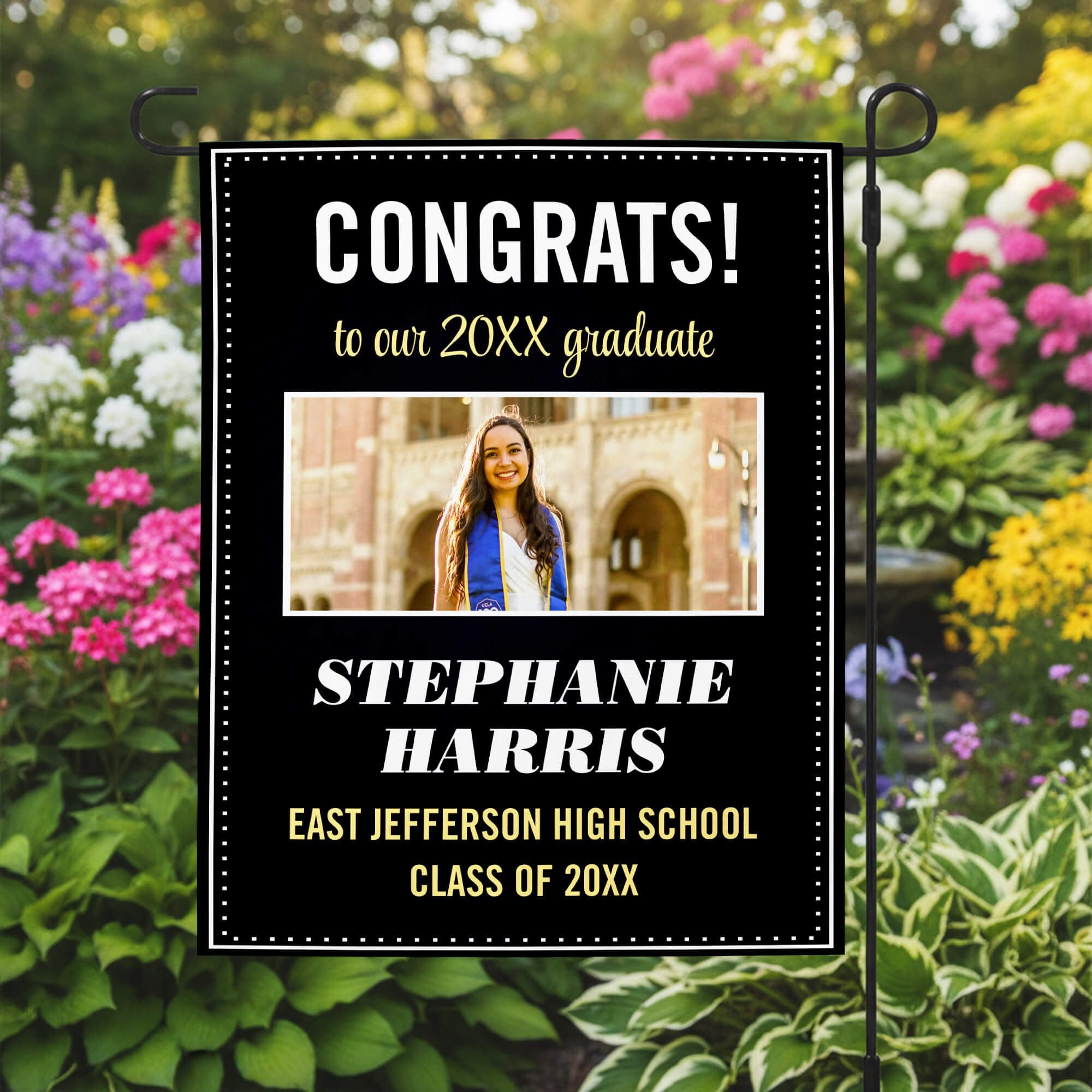 Graduation Elegant Garden Flag in a garden
