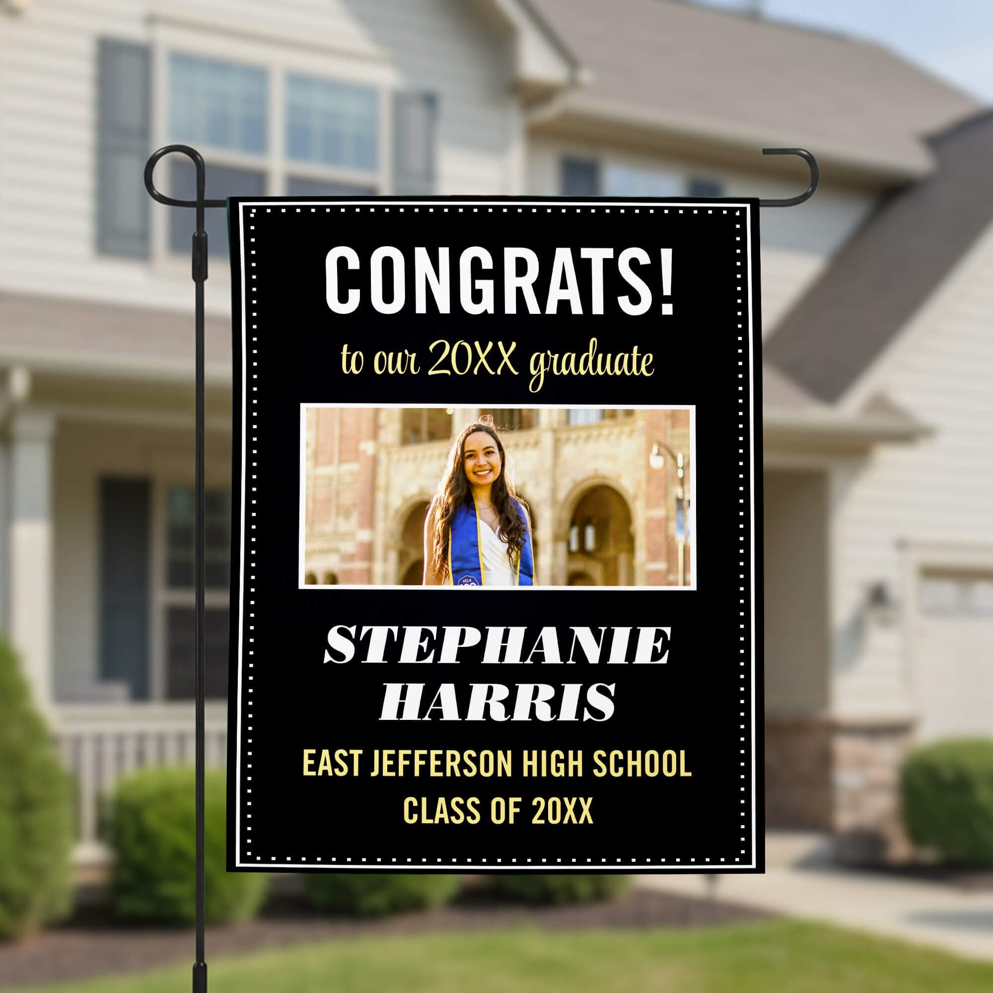 Graduation Elegant Garden Flag in front of a house