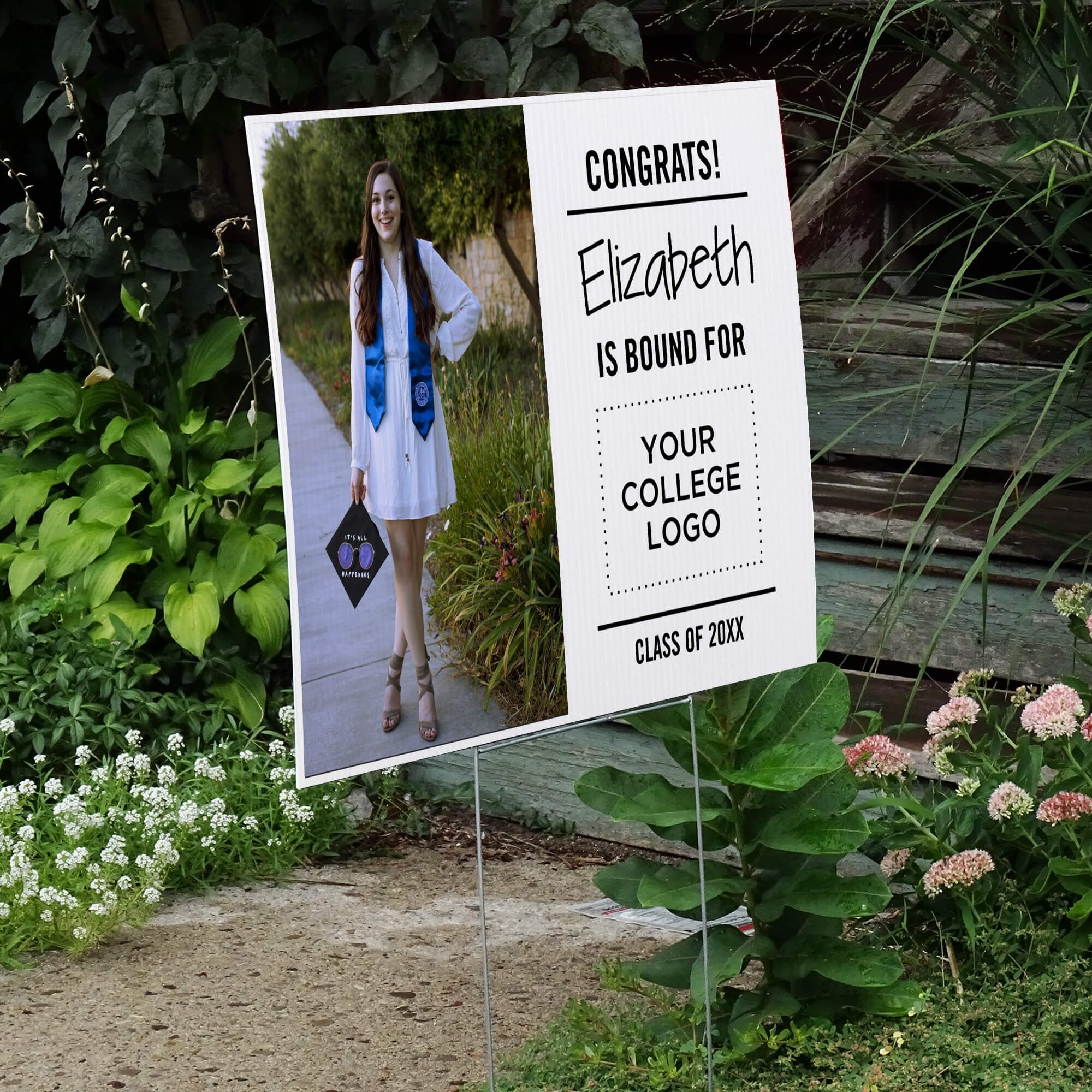 College bound graduation yard sign displayed next to stairs