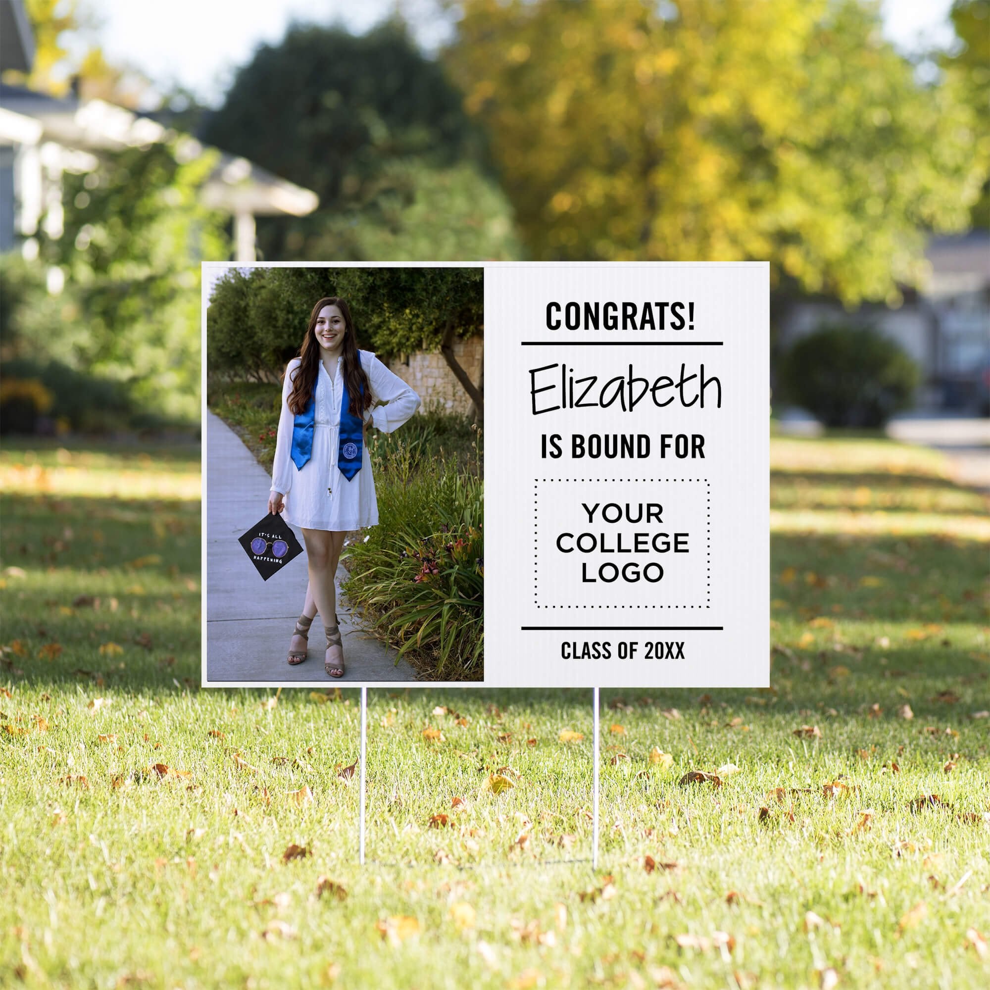 College bound graduation yard sign displayed in a yard
