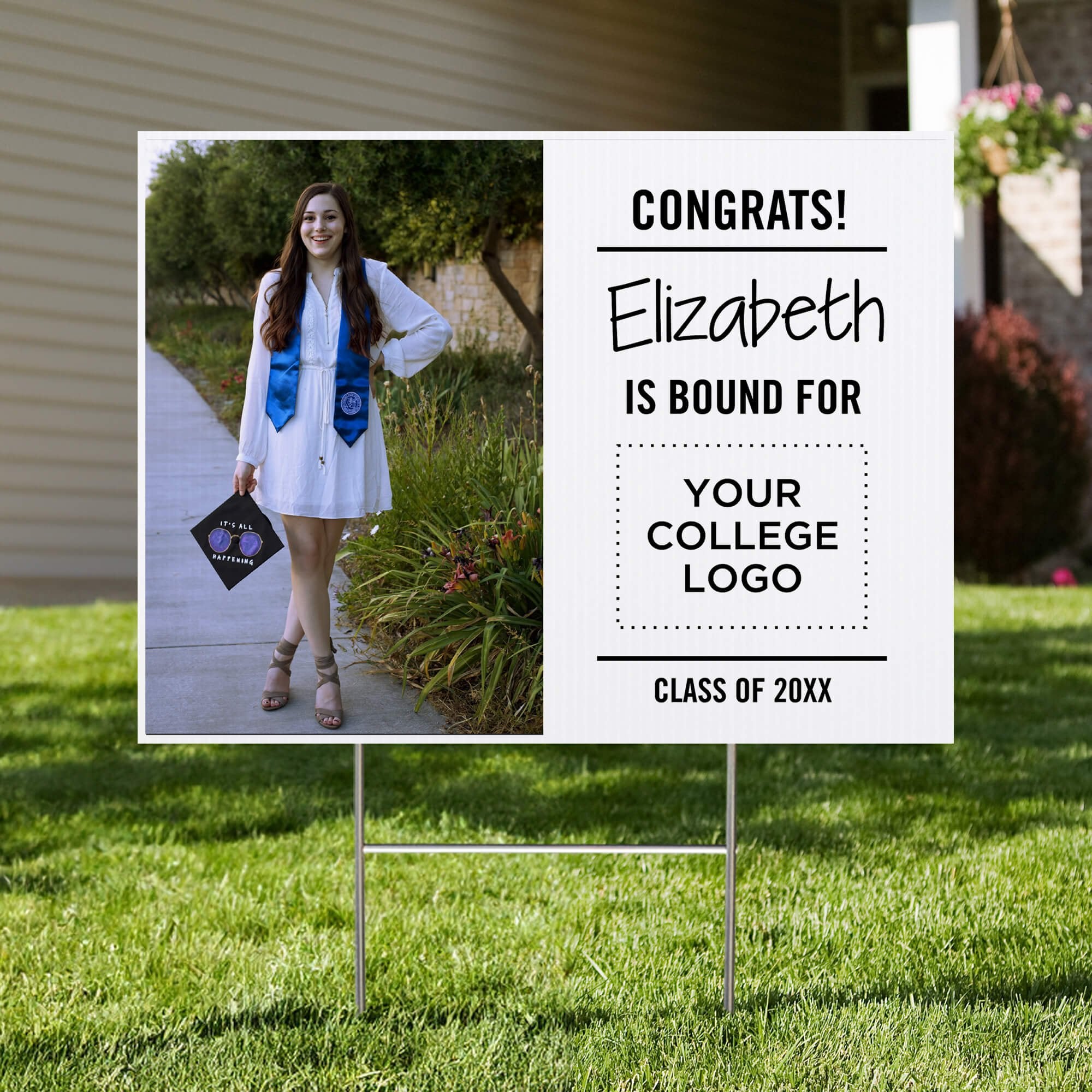College bound graduation yard sign displayed in a front yard
