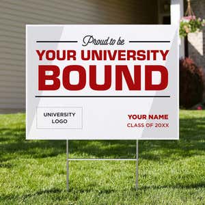 University logo graduation yard sign displayed in a front yard