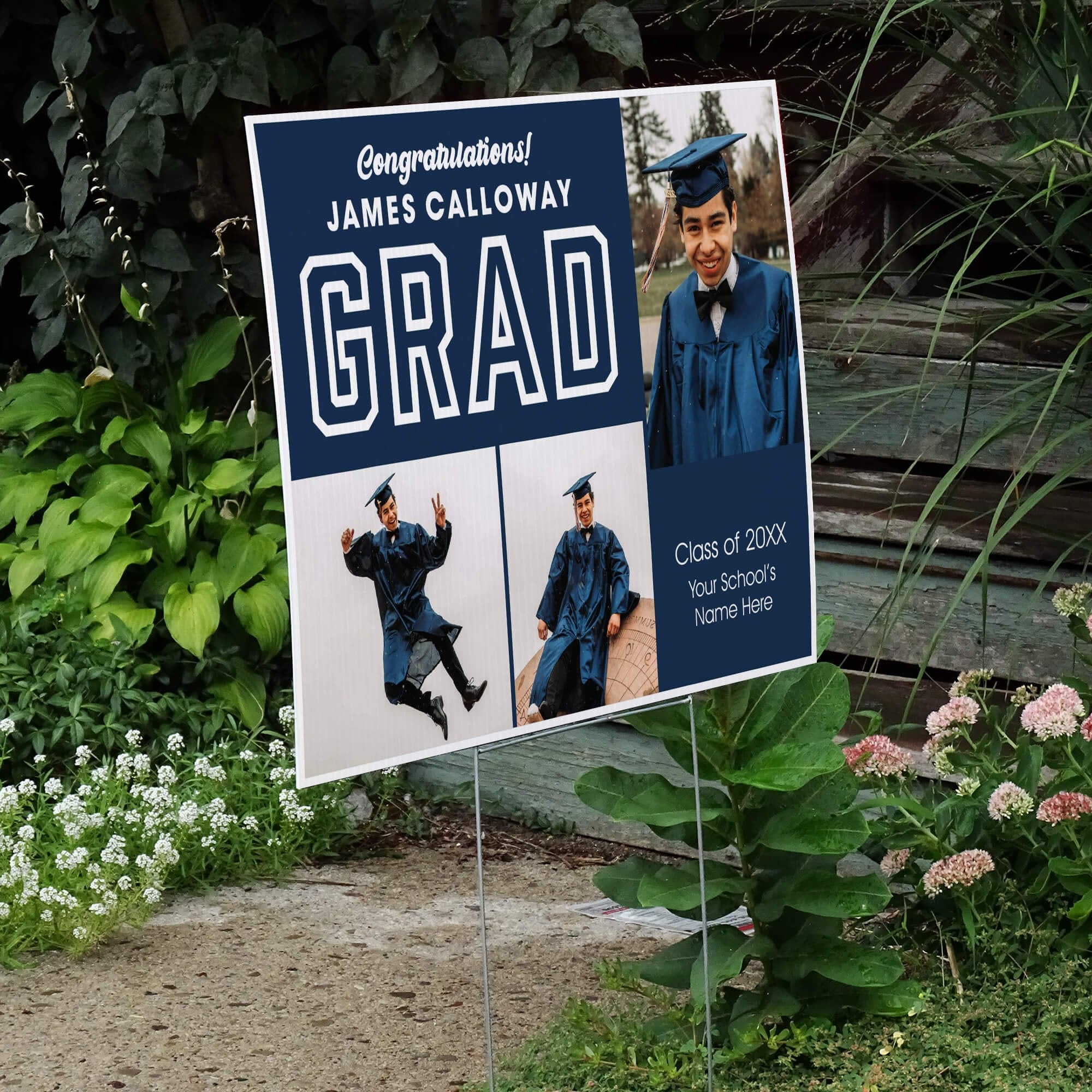 Three Photos Graduation Yard Sign displayed by a pathway leading to stairs