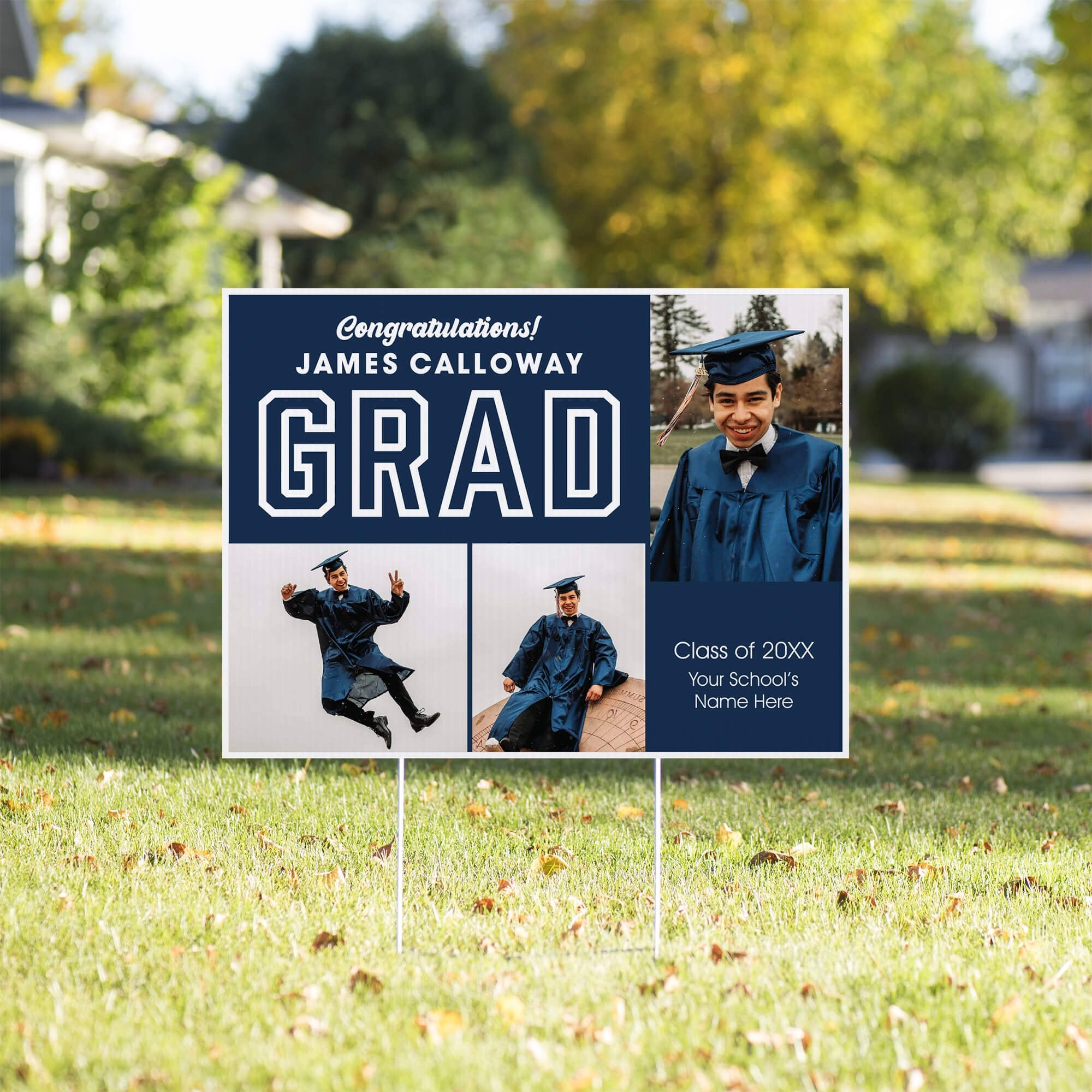 Three Photos Graduation Yard Sign in a front yard