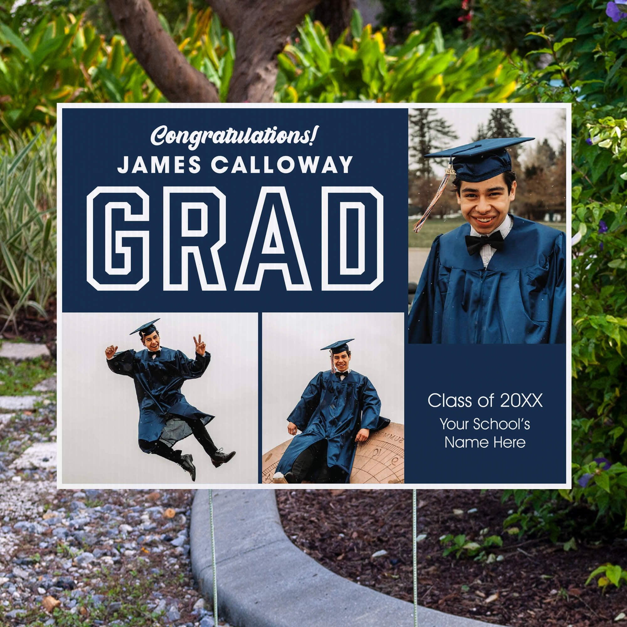 Three Photos Graduation Yard Sign displayed by pavement