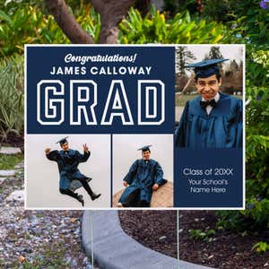 Three Photos Graduation Yard Sign displayed by pavement