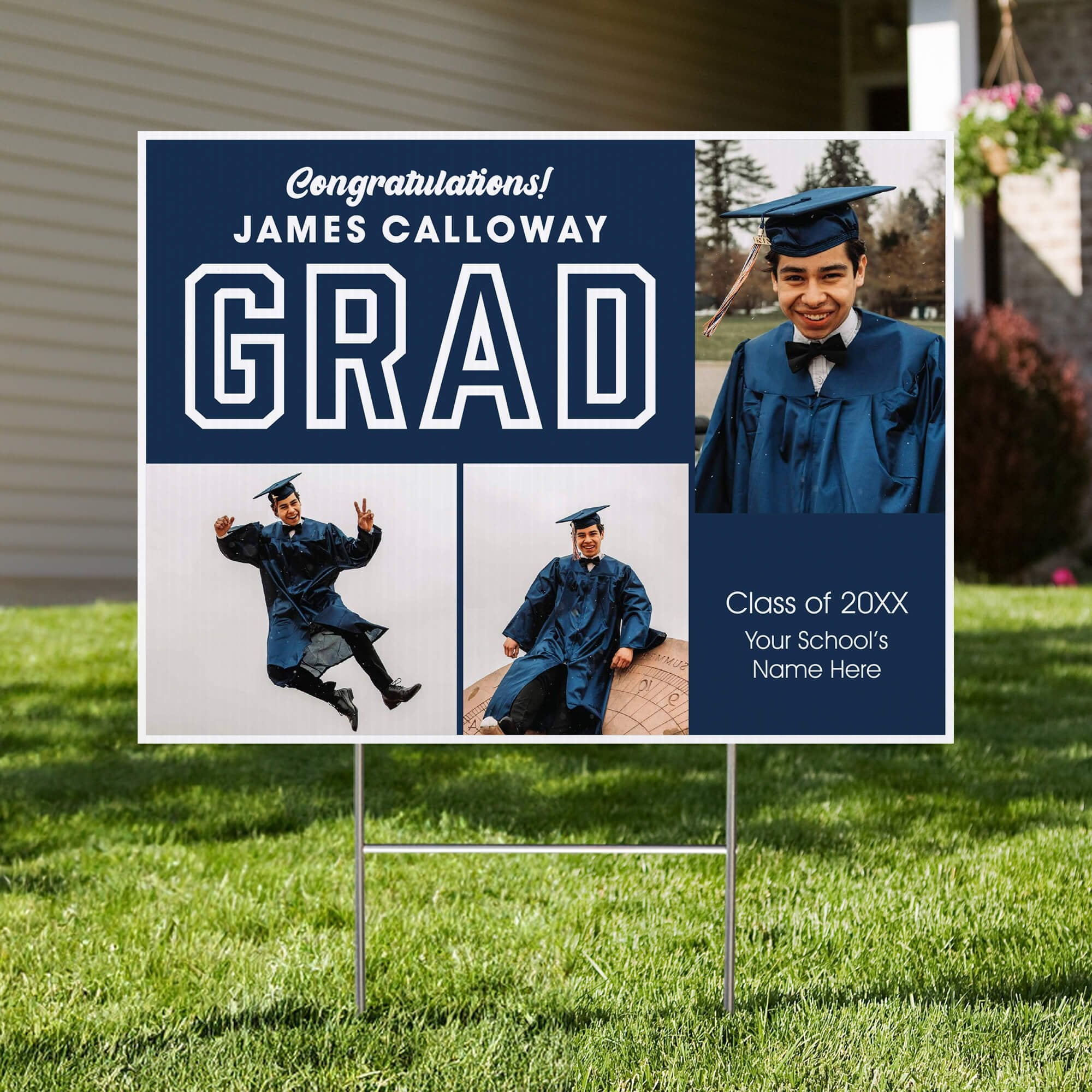 Three Photos Graduation Yard Sign in front of a house